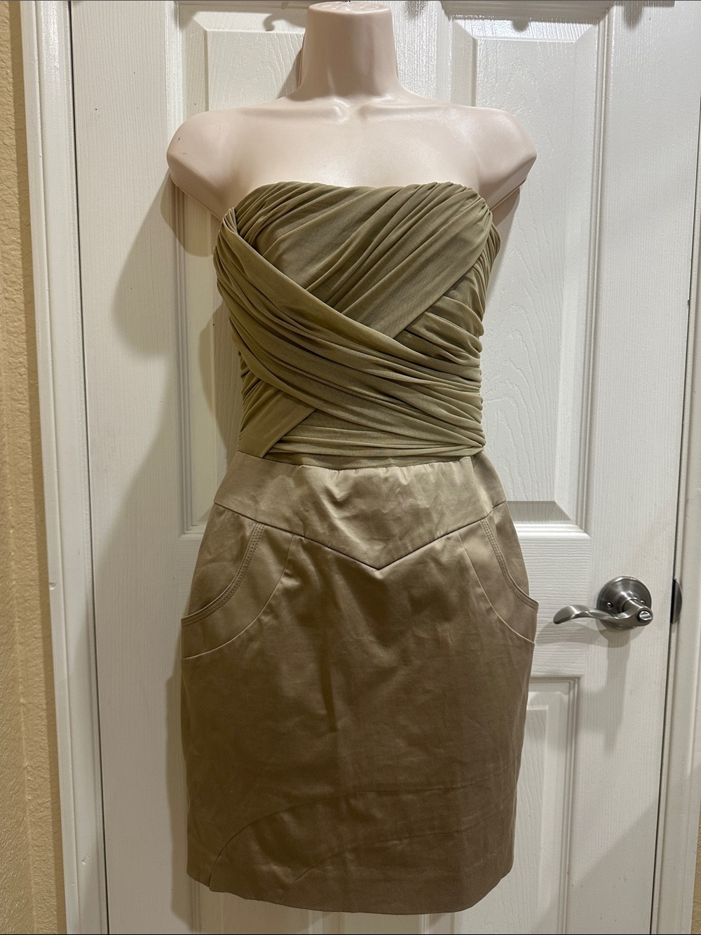 Bebe Strapless Olive Ruched Wrap Top Dress size 4